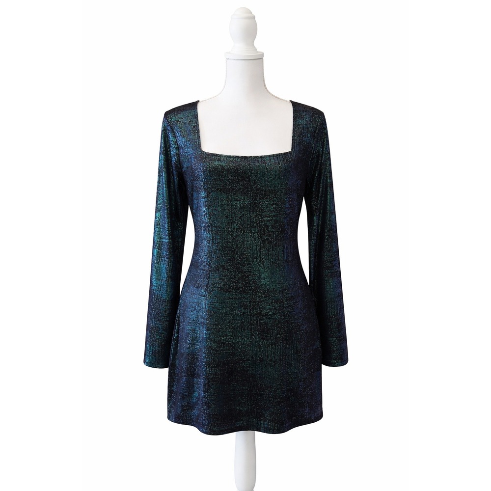 Steve Madden Metallic Mini Dress Square Neck Iridescent Teal Blue Party XL